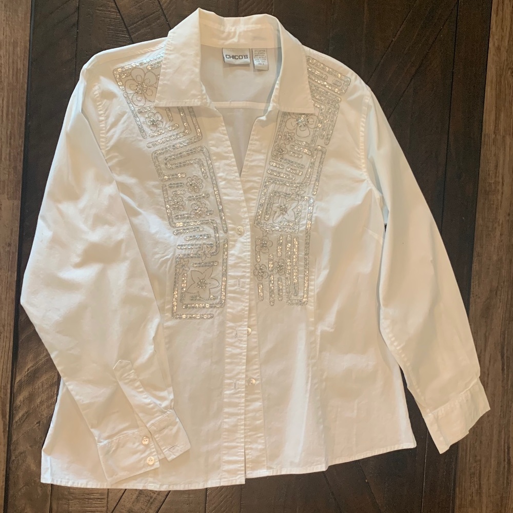 White Button Down V-neck with Sequence